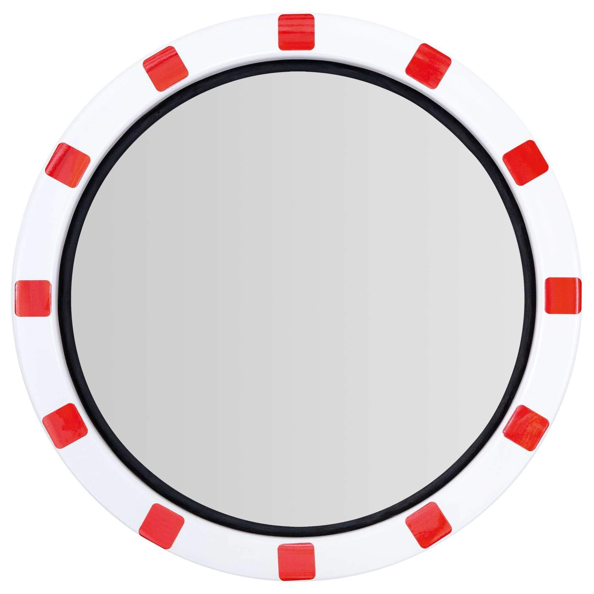 Runder Verkehrsspiegel mit weißem Rahmen und gleichmäßig verteilten roten Rechtecken am Rand, ideal für Straßenverkehr.