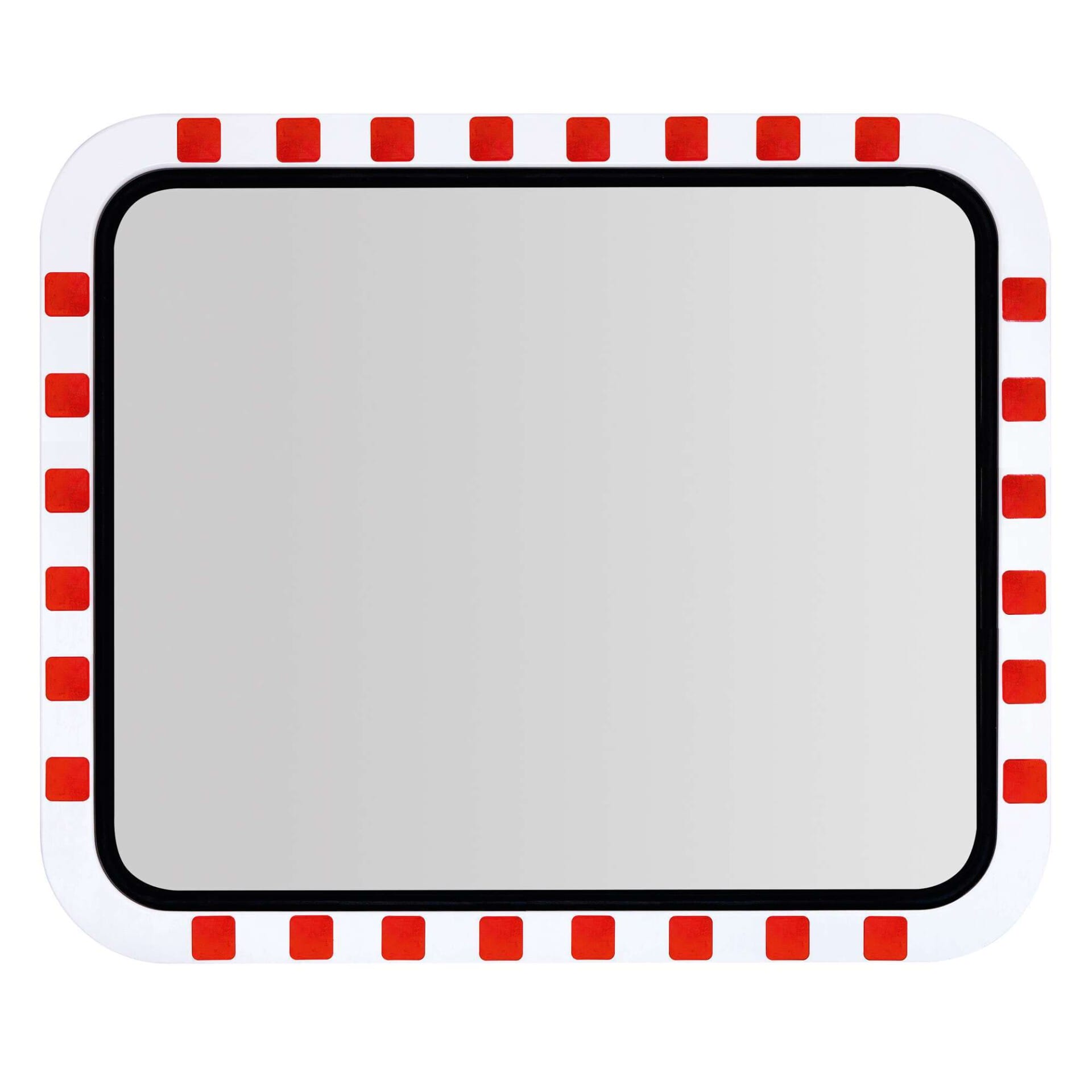 Rechteckiger Verkehrsspiegel mit weißem Rahmen, rot reflektierende Quadrate am Rand, ideal für Straßen und Parkplätze.