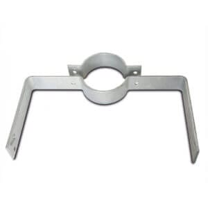 Metallhalterung für DIAMOND Verkehrsspiegel, zentrale Rundklemme, zwei Bohrarme mit Befestigungsbohrungen, Montagezubehör.