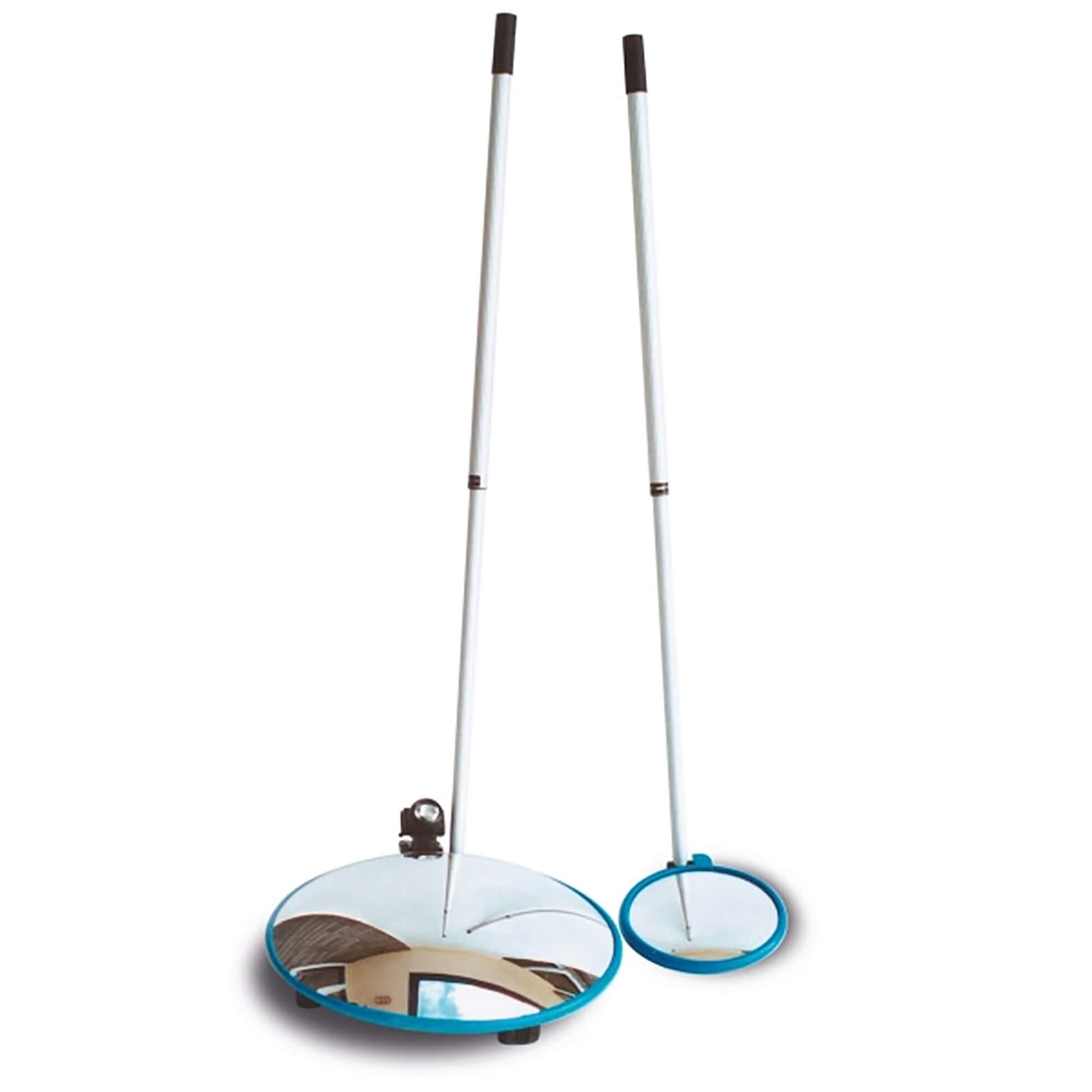 Zwei VISION Rollspiegel mit langen Griffen und runden Spiegeln, einer größer mit angebautem Licht, Inspektionswerkzeug.