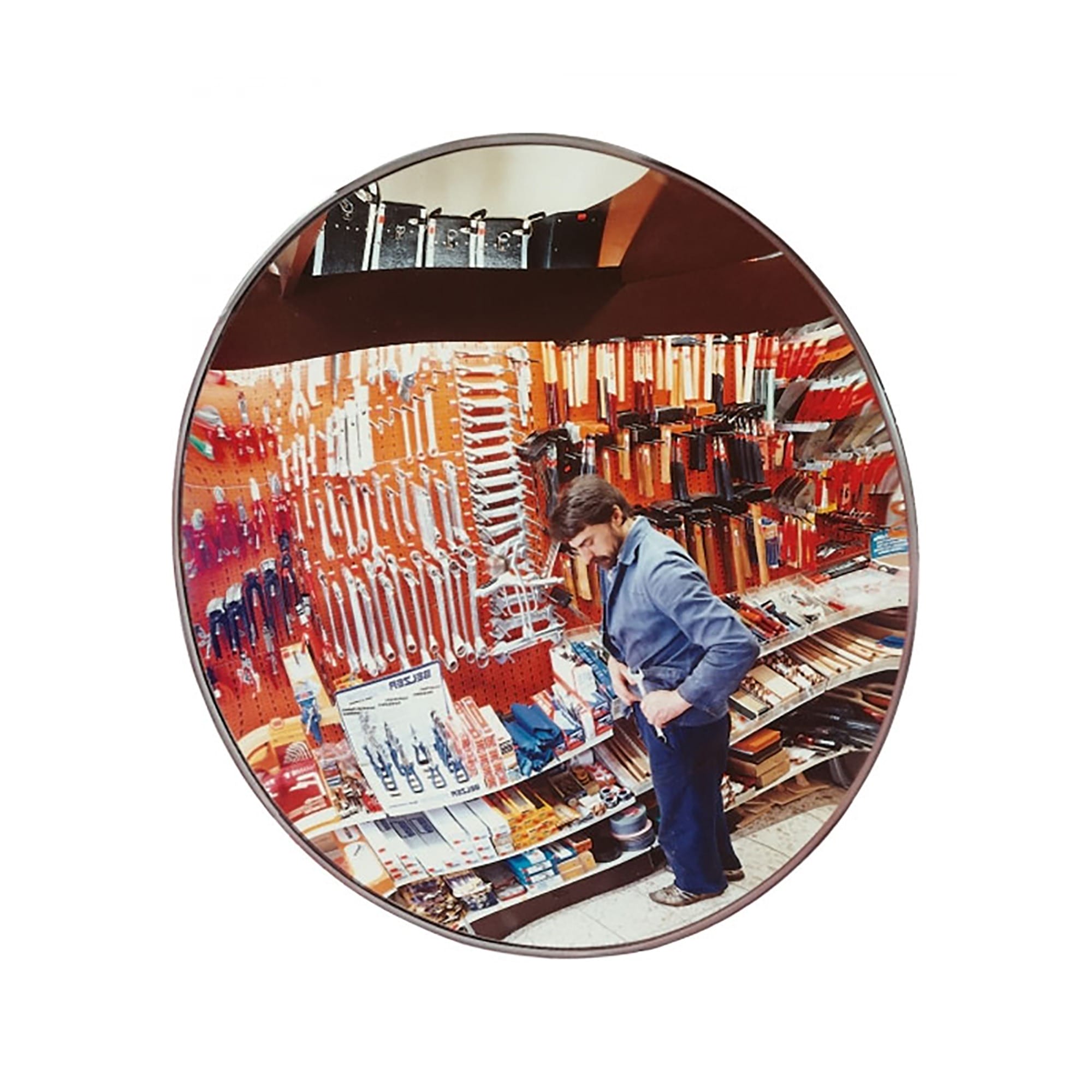 Person mit blauer Jacke betrachtet Werkzeuge und Hardware im Regal, sichtbar im DETEKTIV Beobachtungsspiegel, Konvexspiegel.