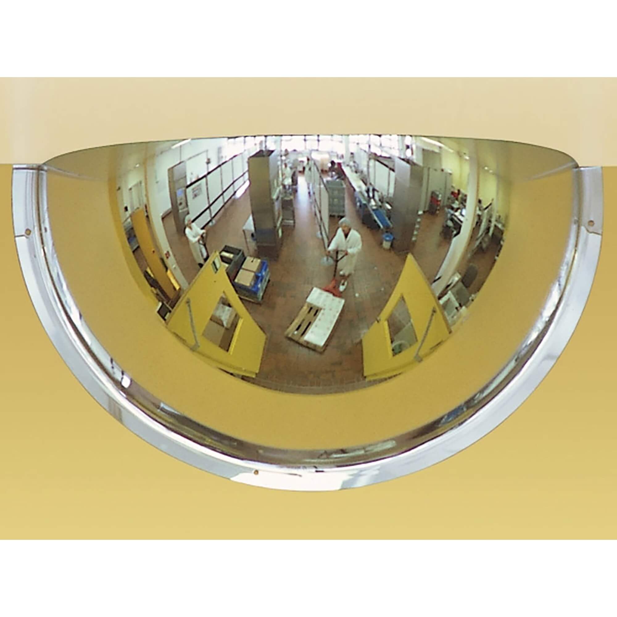 PANORAMA-180 Drei-Wege-Spiegel zeigt Großküche mit Regalen, Arbeitstischen und Personal, Sichtbereich für Sicherheit optimiert.