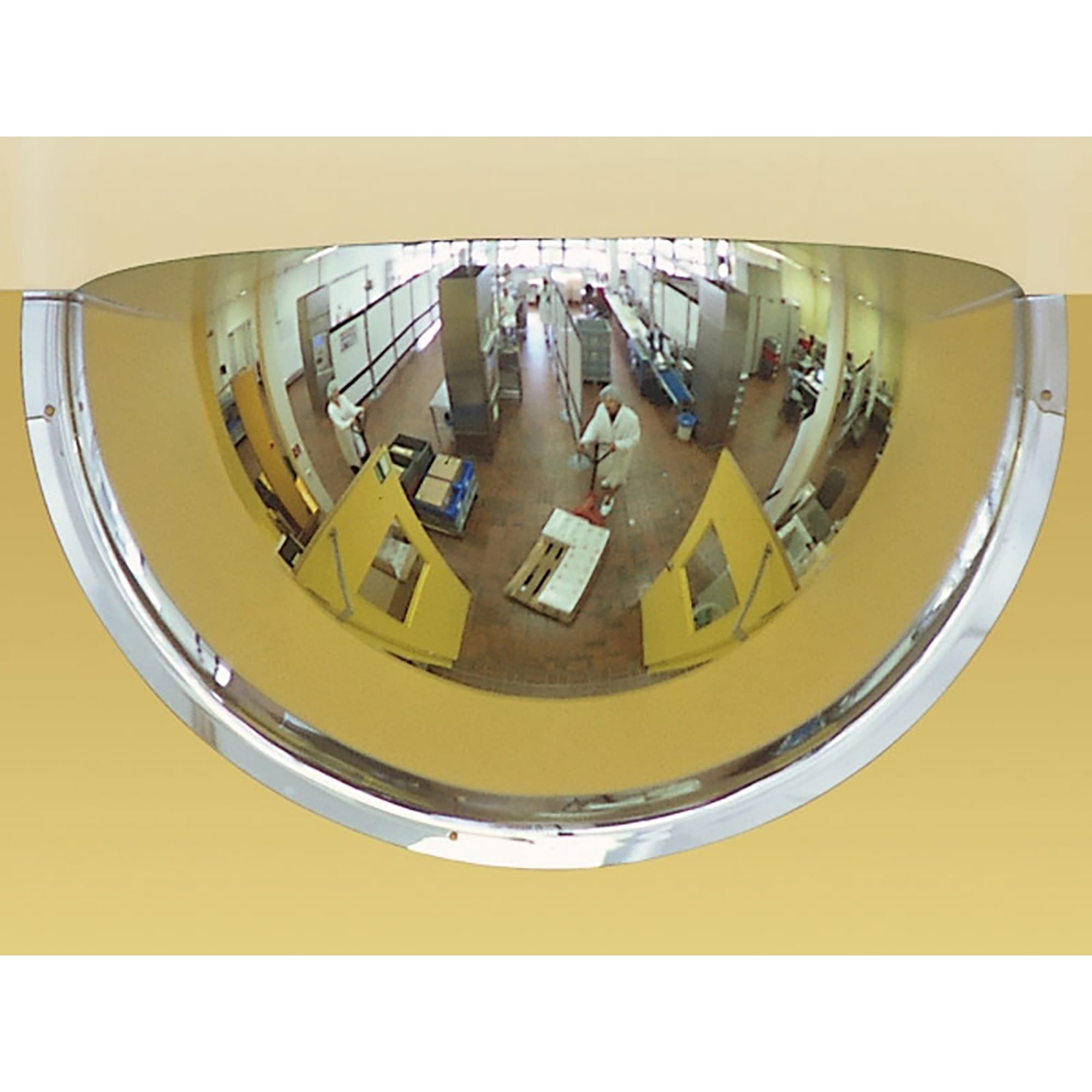 PANORAMA-180 Drei-Wege-Spiegel zeigt Großküche mit Regalen, Arbeitstischen und Personal, Sichtbereich für Sicherheit optimiert.