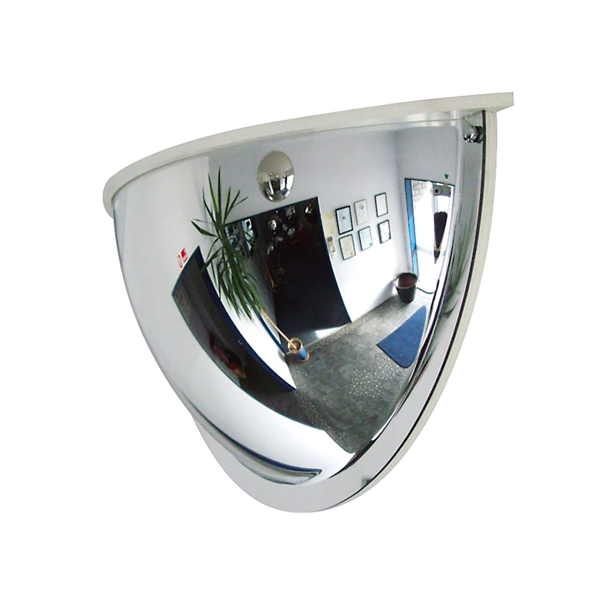 Konvexer MORION-Justizspiegel in Zimmerecke zeigt Eingang, Wände mit gerahmten Bildern, Pflanze und Bodenfläche.