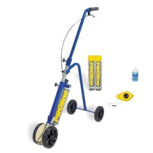 PROline-paint Markier-Set: blaue Linienmarkiermaschine, zwei Farbsprühdosen, Maßband, Schnur, Markierflasche.