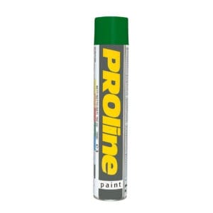 Hohe Spraydose mit grünem Deckel, Aufschrift PROline-paint Linienmarkierfarbe in Gelb und Schwarz auf silber-weißem Hintergrund.