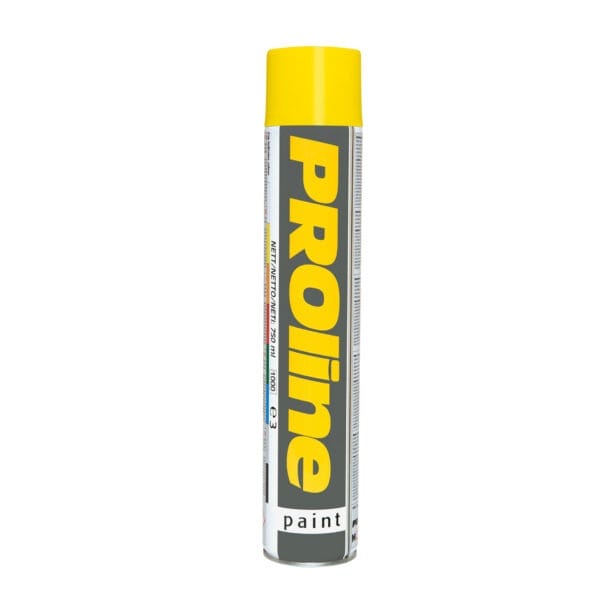 Hohe Sprühdose mit gelbem Deckel, graues und weißes Etikett, gelbe Aufschrift "PROline-paint Linienmarkierfarbe".
