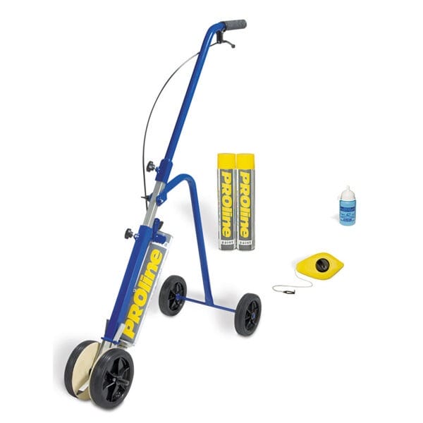 PROline Markier-Set: blau-gelbe Linienmarkiermaschine, 2 Farbspraydosen, Flüssigkeitsflasche, gelbes Werkzeug auf Weiß.