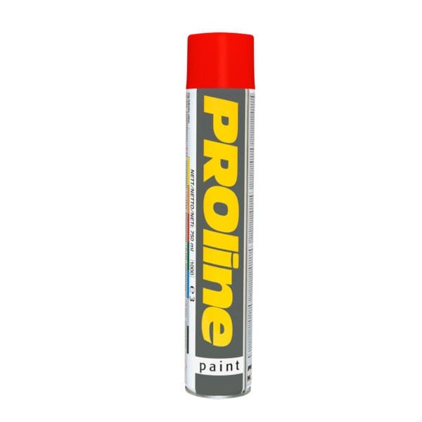Hohe Sprühdose PROline-paint Linienmarkierfarbe, roter Deckel, gelbe und schwarze Schrift auf grauem, weißem Etikett.