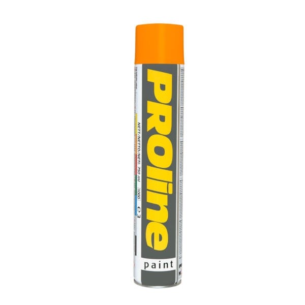 Hohe Sprühdose mit orangefarbenem Deckel, gelber Schrift "PROline-paint Linienmarkierfarbe", grauer und weißer Hintergrund.