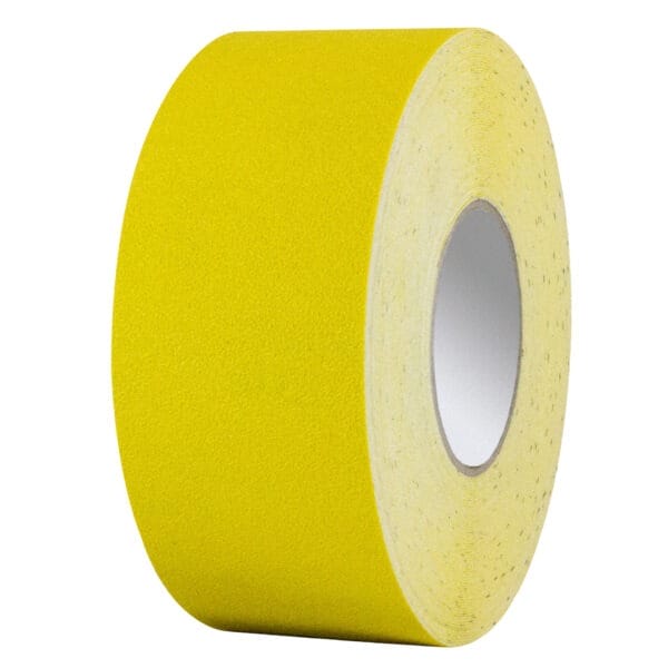 Gelbe PROline-Vinyl-Klebebandrolle mit strukturierter Oberfläche, stehend vor weißem Hintergrund.