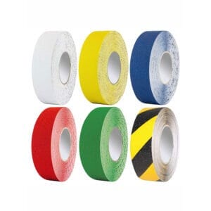 Sechs PROline-Tape Vinyl Markierungsbänder in Weiß, Gelb, Blau, Rot, Grün und Schwarz-Gelb gestreift auf weißem Hintergrund.