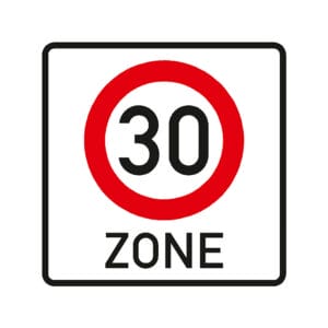 Quadratisches Verkehrsschild: roter Kreis mit Zahl 30 und dem Wort ZONE darunter - Zeichen für Tempo-30-Zone in Deutschland.