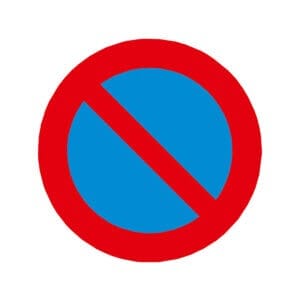 Verkehrsschild Pa: Blauer Kreis, roter Rand und rote Diagonallinie, Symbol für Halteverbot oder Parkverbot in Deutschland.