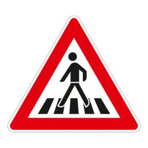Dreieckiges Verkehrsschild mit rotem Rand, Symbol Fußgänger auf Zebrastreifen, PROline-Thermo Markierungsfolie.