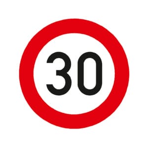 Rundes Verkehrsschild Tempo 30 mit rotem Rand und schwarzer Zahl, Markierungsfolie für Straßen, Geschwindigkeitsbegrenzung 30 km/h.