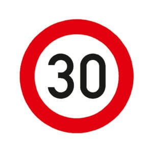Rundes Verkehrsschild Tempo 30 mit rotem Rand und schwarzer Zahl, Markierungsfolie für Straßen, Geschwindigkeitsbegrenzung 30 km/h.