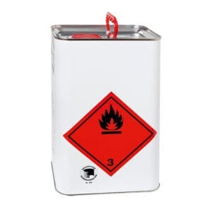 Metallkanister A PRIMER 4L für 12 qm, rotes Gefahrensymbol Flamme mit Nummer 3, kennzeichnet entzündbare Flüssigkeit.