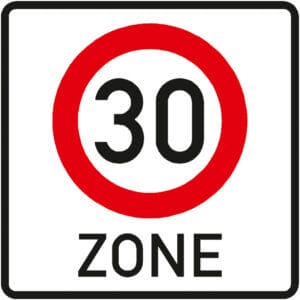 Quadratisches Verkehrsschild aus PROline-thermo Markierungsfolie, roter Kreis um 30, darunter "ZONE", Tempo-30-Bereich.