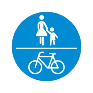 Blaues rundes Schild, weiße Symbole: Frau hält Kind an der Hand über Linie, darunter Fahrrad; gemeinsamer Geh- und Radweg.