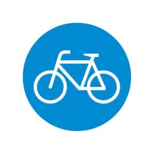Verkehrsschild: blaues rundes Schild mit weißem Fahrrad-Symbol, gekennzeichnet mit Radweg oder Fahrradspur, Markierungsfolie.