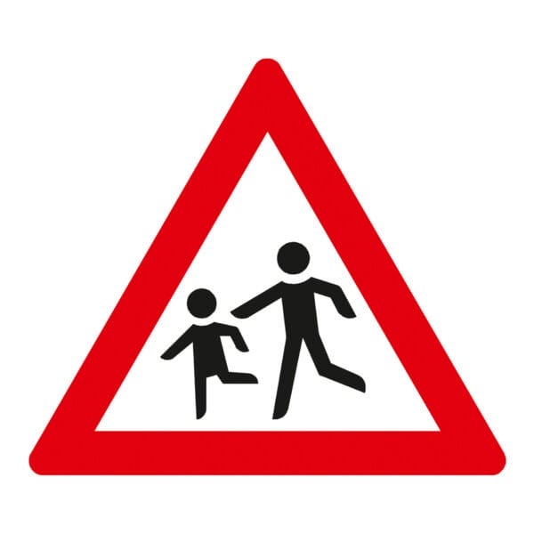 Rotes, dreieckiges Verkehrszeichen mit schwarzen Silhouetten von Erwachsenem und Kind, Warnung vor Schulweg oder Fußgängerüberweg.