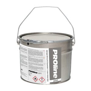 Metallfarbdose mit Griff, Aufschrift PROline-paint-Außenmarkierfarbe, Gefahrensymbole und mehrsprachige Anwendungshinweisen.