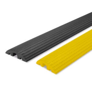 Zwei MORION Kabelbrücken, schwarz und gelb, liegen nebeneinander; beide mit gerippter Oberfläche und abgerundeter Form.