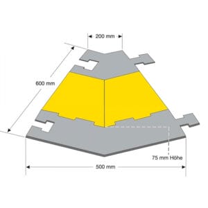 Skizze einer trapezförmigen 5-Kanal Kabelbrücke, Winkelstück links, gelb, Maße: 200x600x500x75 mm, mit Verzahnung.