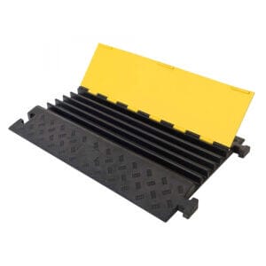 Schwarze und gelbe MORION Kabelbrücke mit Klappdeckel, mehreren Kabelkanälen zum Schutz und zur Ordnung von Kabeln.