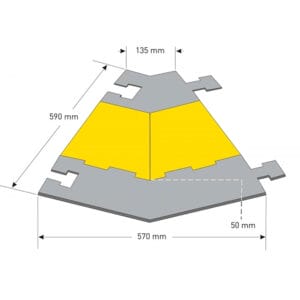 MORION-Kabelbrücke Grafik in Gelb und Grau, Maße: 590 mm Höhe, 570 mm Basis, 135 mm Breite oben, 50 mm unten rechts.