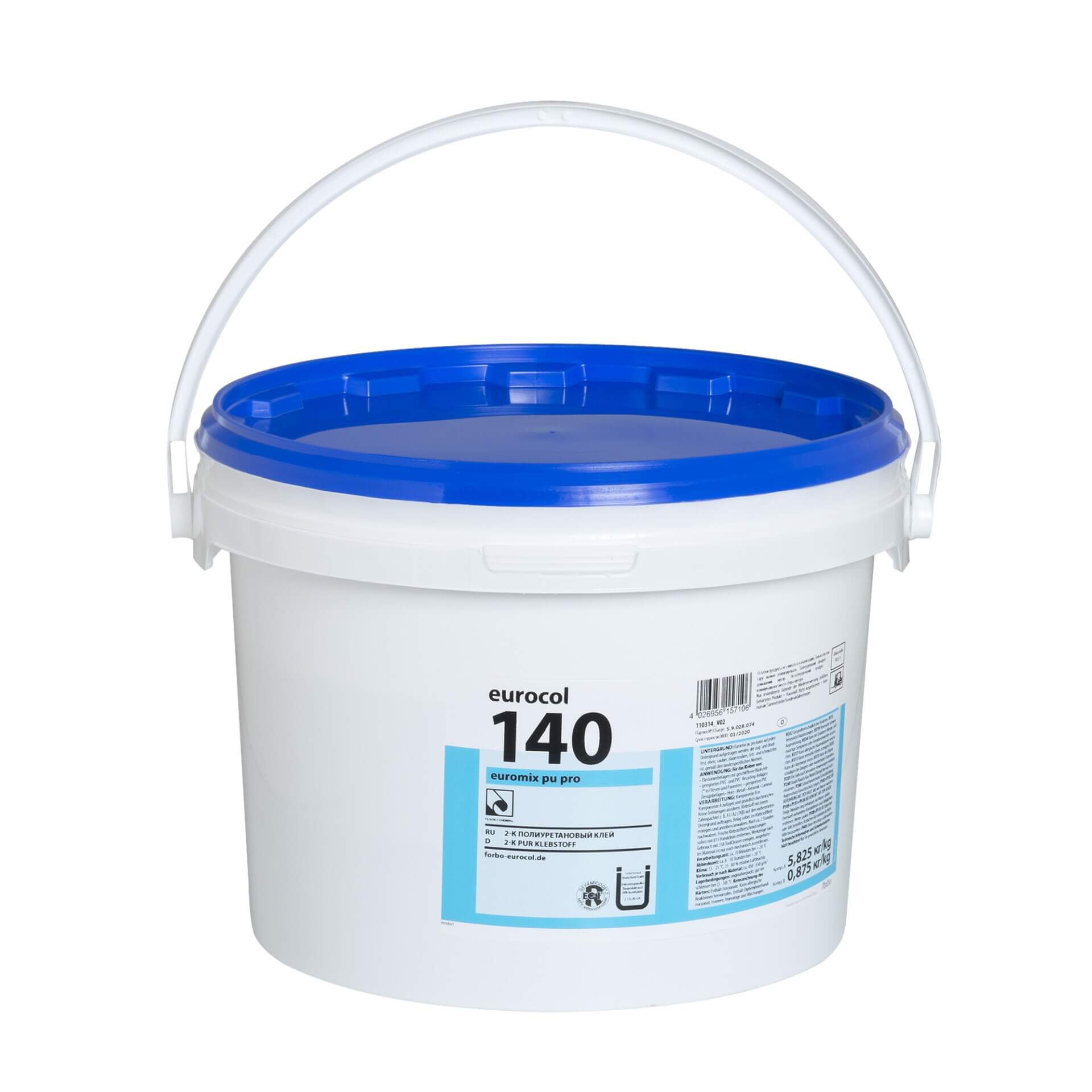 Weißer Kunststoff-Eimer mit blauem Deckel und Griff, Aufschrift "2-Komponentenklebstoff + Härter", Produktinfos vorn.