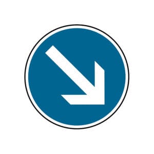 Verkehrszeichen: Weißer Pfeil nach unten rechts auf blauem Kreis mit weißem Rand, Verkehrsschild Wegweisung, Richtung rechts unten.
