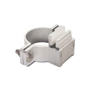 Silberne ALFORM-Rohrschelle 60 mm, runde Metallklammer mit flacher Greiffläche und Schraubbolzen zum Fixieren von Rohren.