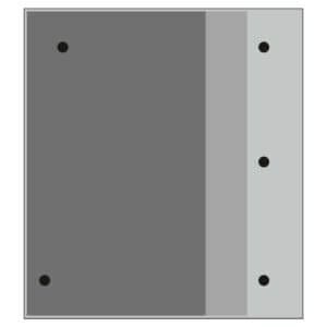 Graues Deckblatt für Ordner mit vier schwarzen Ringlöchern links und senkrechtem hellgrauen Streifen am rechten Rand.