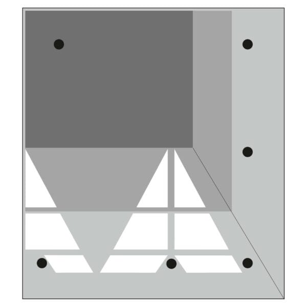 Kissen mit geometrischem Muster: Überlappende graue Flächen, schwarze Punkte, Linienkreuzung, quadratische Anordnung.