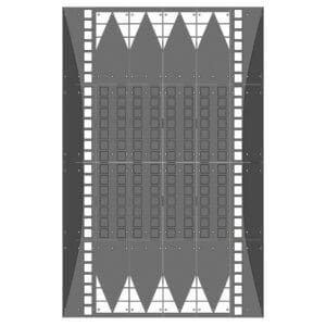 GAMMA Plateau Kissen mit symmetrischem Muster: Rechtecke, Quadrate, Dreiecke in Grautönen, vertikal im Raster angeordnet.