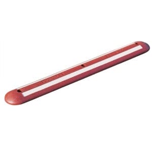 Roter und weißer MORION Trennbalken, länglich, flache Oberseite, abgerundete Enden, drei Schraublöcher zur Montage.