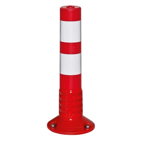 Roter, flexibler Leitkegel mit zwei weißen Reflexstreifen und rundem Standfuß, Verkehrsposten zur Fahrbahnbegrenzung.