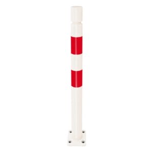 Weißer Rammschutz-Poller mit zwei roten Reflektorstreifen, flache Basis, vier Befestigungslöcher, freigestellt auf Weiß.