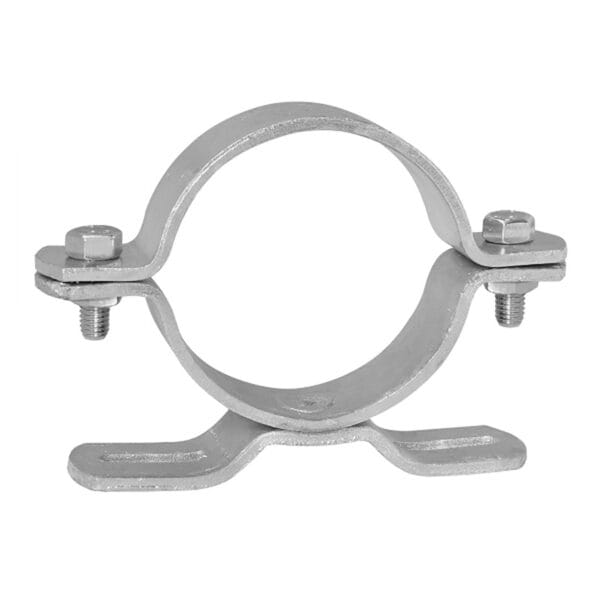Metallrohrschelle mit zwei Schrauben, rundem Loch; zum Befestigen von Rohren an ebenen Flächen; robuste Ausführung.