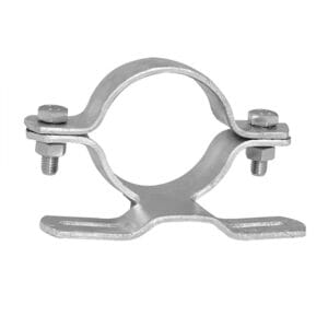 CARAMBA Rohrschelle aus Metall, Vorderansicht, mit zwei Schrauben und flachem Sockel zur Befestigung von Rohren oder Leitungen.