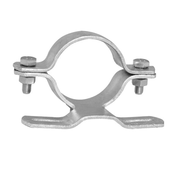 Metallrohrschelle mit zwei Schrauben zur Befestigung von Rundrohren, silberfarben, vor weißem Hintergrund abgebildet.