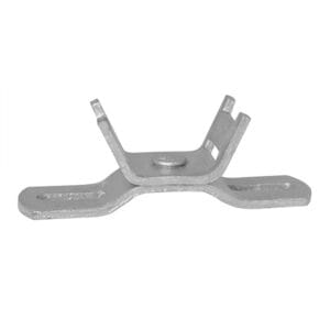 Metallbandschelle mit zwei geschlitzten Flachenden, erhöhtem Mittelteil und zwei aufrechten Befestigungswinkeln.