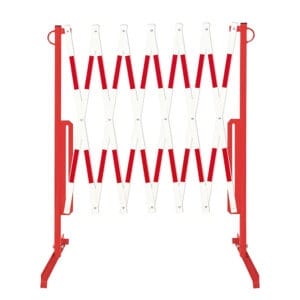 Leichte Scherensperre HEIDELBERG, rot-weiß, ausziehbares Absperrgitter mit zwei Stützfüßen, Scherenmechanik.