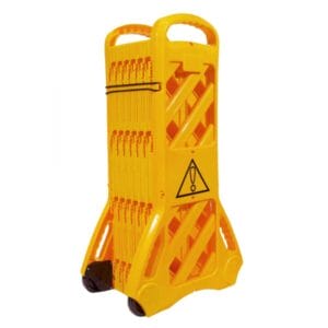 Gelbe faltbare Kunststoff-Sicherheitsabsperrung FLEX-GUARD mit Warnsymbol, steht auf Rollen.