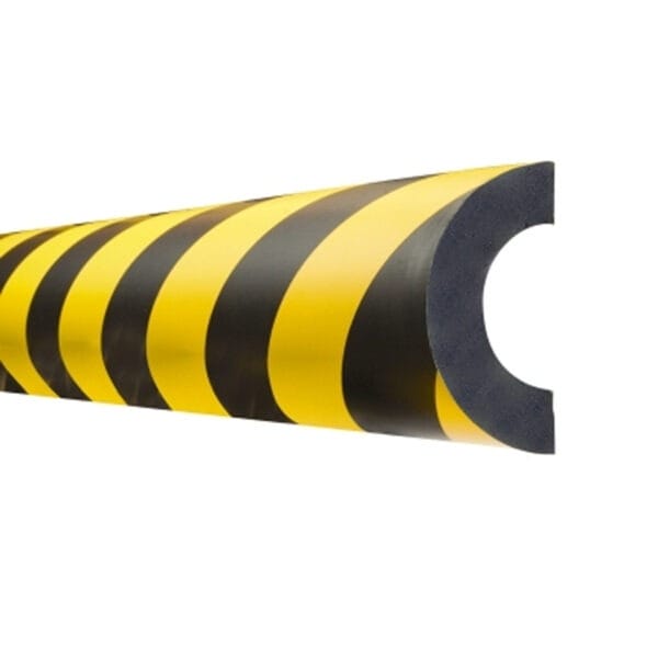 MORION Rohrschutz mit schwarz-gelben Streifen, halbrunde Schaumstoff-Polsterung, Hohlraum zur Kantenschutzanbringung.