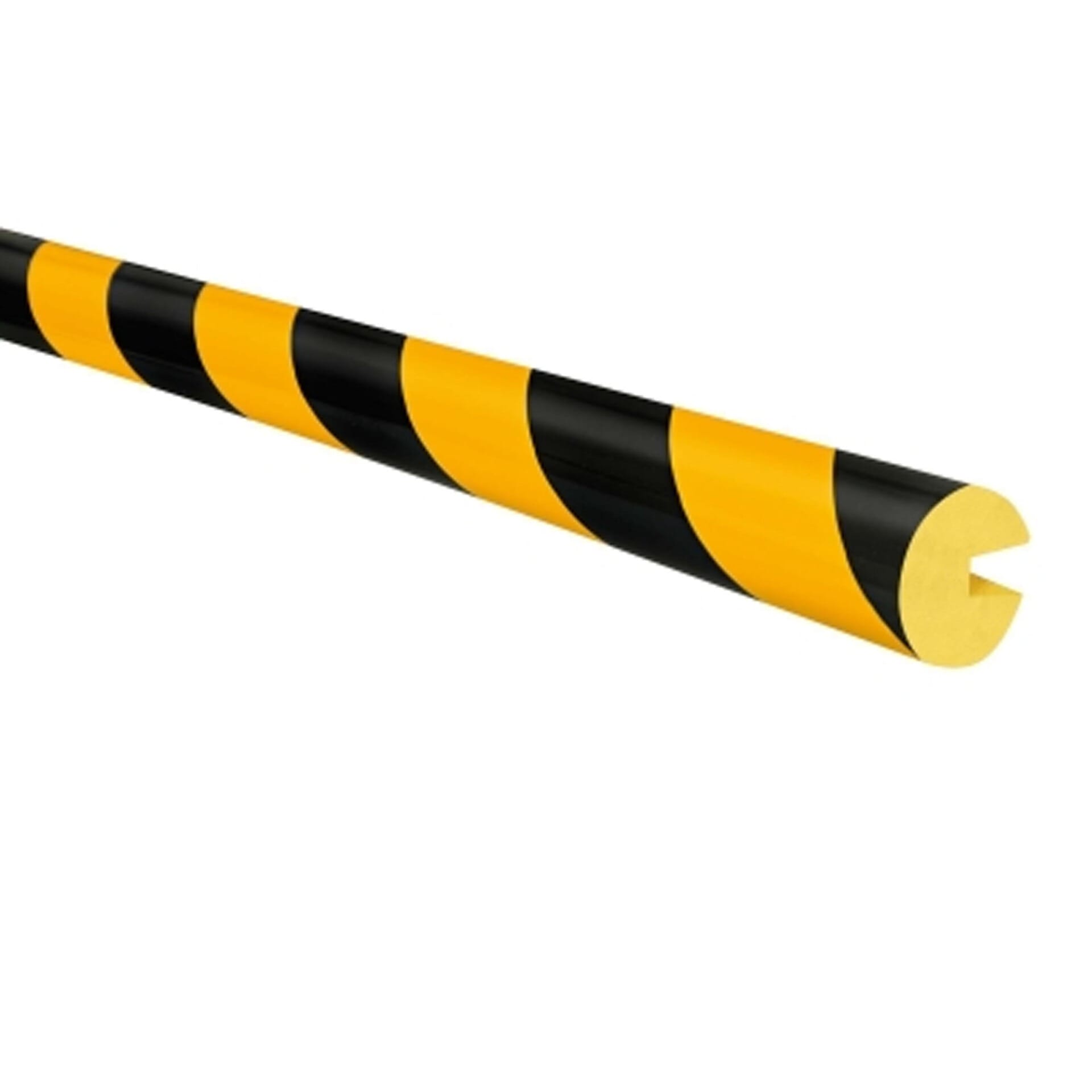 Zylindrischer Schaumstoff-Prallschutz mit gelb-schwarzen Diagonalstreifen und Längsnut zur einfachen Montage.