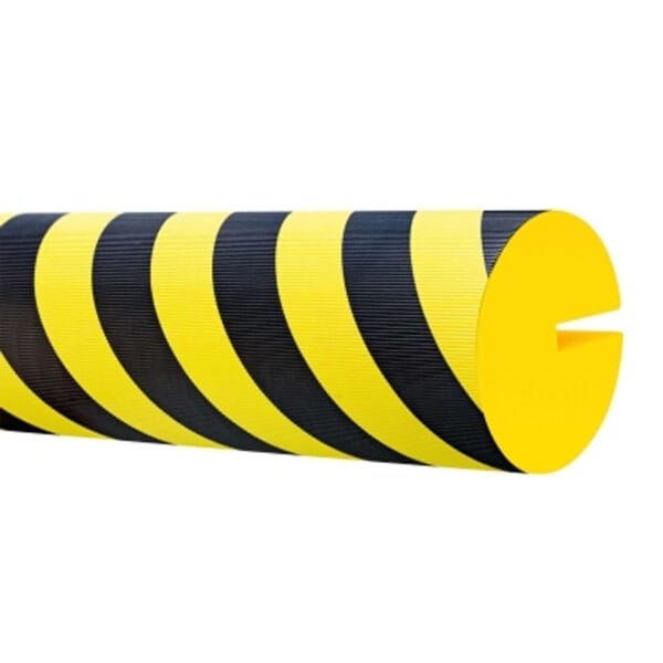 Zylindrischer Schaumstoff-Prallschutz mit diagonalen schwarz-gelben Streifen und Längsschlitz zur Montage.