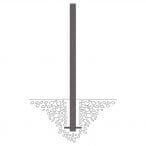 MORION Sperrpfosten 60 mm mit Bodenplatte, im Erdreich verankert, von verdichtetem Schotter oder Kies umgeben, Diagramm.